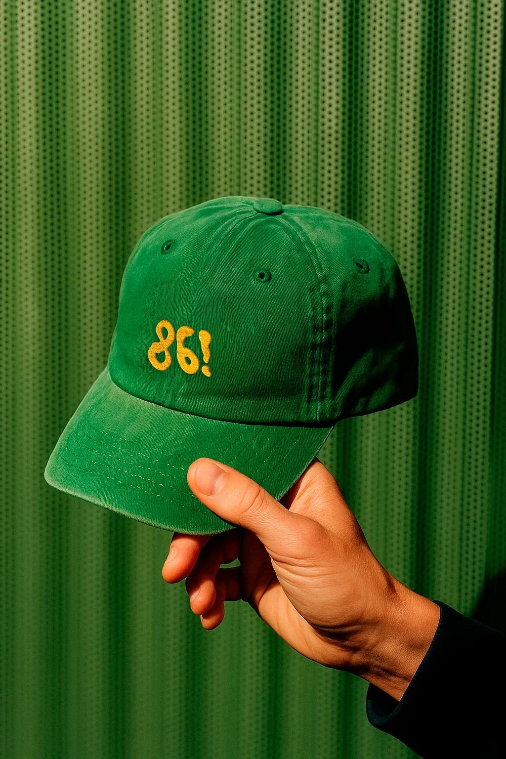 A green cap with 86! embroidered in amber, held against a green wall